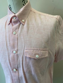 Mens, Casual Shirt, J.CREW, Pink, White, Linen, Cotton, Stripes - Micro, Stripes - Horizontal , M, Short Sleeve Button Front, Collar Attached, Button Down Collar, 1 Patch Pocket with Flap Closure