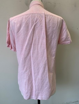 Mens, Casual Shirt, J.CREW, Pink, White, Linen, Cotton, Stripes - Micro, Stripes - Horizontal , M, Short Sleeve Button Front, Collar Attached, Button Down Collar, 1 Patch Pocket with Flap Closure