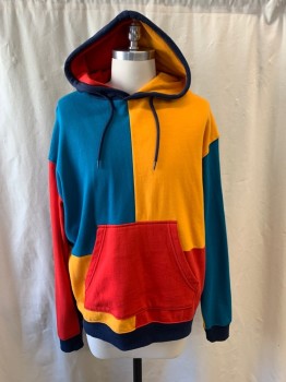 Mens, Pullover Sweater, URBAN OUTFITTERS, Teal Blue, Goldenrod Yellow, Red, Navy Blue, Poly/Cotton, Color Blocking, M, Hooded, Drawstring, Kangaroo Pocket, Long Sleeves