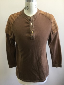 HOMESPUN, Brown, Cotton, Solid, Henley, Jersey, Long Sleeves, Quilted Panels Added at Shoulders with Rough Hand Sewn Detail, Round Neck with 3 Button Placket (Missing 1 Button), Aged/Dirty Throughout, Has a Double