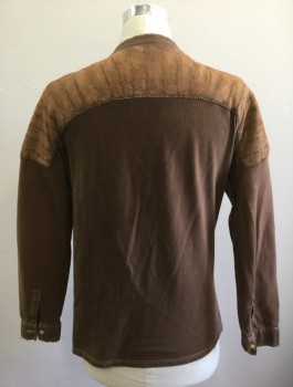 Mens, Tops, HOMESPUN, Brown, Cotton, Solid, XS, Henley, Jersey, Long Sleeves, Quilted Panels Added at Shoulders with Rough Hand Sewn Detail, Round Neck with 3 Button Placket (Missing 1 Button), Aged/Dirty Throughout, Has a Double