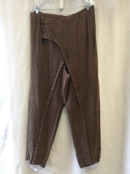 NO LABEL, Brown, Olive Green, Cotton, Synthetic, Abstract , Brown with Green Cracked-like Texture, Waist Pleat, Cross Over Front Velcro Closure, Center Leg Pleat