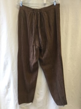 NO LABEL, Brown, Olive Green, Cotton, Synthetic, Abstract , Brown with Green Cracked-like Texture, Waist Pleat, Cross Over Front Velcro Closure, Center Leg Pleat