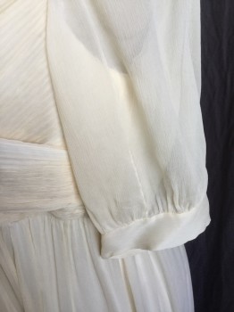 Womens, Evening Gown, J. CREW, Beige, Cream, Silk, Polyester, Solid, 18, Gathered/pleat Criss-cross Over Lap V-neck, Short Sleeves with 1" Cuff, Gathered Upper Top Back,  Gathered Skirt, Cream Lining, Zip Back,