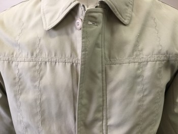 Mens, Casual Jacket, JIBANI, Khaki Brown, Polyester, Solid, L, Zip Front, Collar Attached, 2 Pockets, Khaki Top stitch Detail, Polar Fleece Lining
