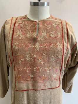 Mens, Historical Fiction Tunic, N/L MTO, Beige, Brick Red, Terracotta Brown, Cotton, Solid, Geometric, 42/44, L, Coarsely Woven Material, Embroidered Rectangular Panel at Front and Back Torso, Long Sleeves, Round Neck with Keyhole at Center Front, Long Sleeves, Floor Length, Lightly Worn/Aged Throughout
