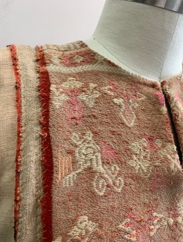 N/L MTO, Beige, Brick Red, Terracotta Brown, Cotton, Solid, Geometric, Coarsely Woven Material, Embroidered Rectangular Panel at Front and Back Torso, Long Sleeves, Round Neck with Keyhole at Center Front, Long Sleeves, Floor Length, Lightly Worn/Aged Throughout