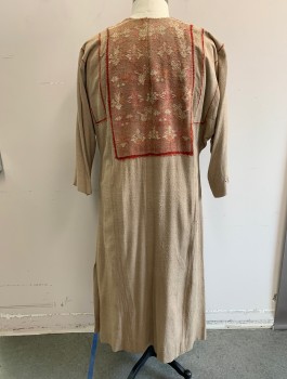 N/L MTO, Beige, Brick Red, Terracotta Brown, Cotton, Solid, Geometric, Coarsely Woven Material, Embroidered Rectangular Panel at Front and Back Torso, Long Sleeves, Round Neck with Keyhole at Center Front, Long Sleeves, Floor Length, Lightly Worn/Aged Throughout