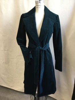 THEORY, Teal Green, Cotton, Elastane, Solid, 3/4 Length, Corduroy with Shinny Teal Green Lining, Large Notched Lapel, Open Front, 2 Side Pockets, Long Sleeves, with Self Belt