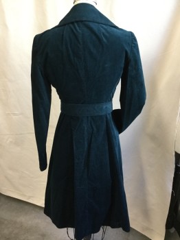 THEORY, Teal Green, Cotton, Elastane, Solid, 3/4 Length, Corduroy with Shinny Teal Green Lining, Large Notched Lapel, Open Front, 2 Side Pockets, Long Sleeves, with Self Belt