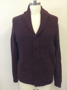 Mens, Cardigan Sweater, NORDSTROM, Red Burgundy, Black, Cotton, Nylon, Mottled, L, Shawl Collar, Button Front, Long Sleeves, Ribbed Knit Cuff/Waistband