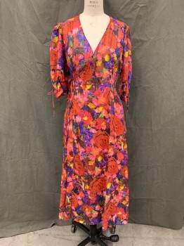 THE KOOPLES, Red, Pink, Purple, Yellow, Silk, Floral, Sheer Top Wrap Dress, Skirt Lined, Gathered Short Sleeves, Drawstring Cuff