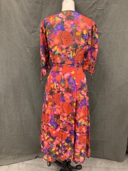 THE KOOPLES, Red, Pink, Purple, Yellow, Silk, Floral, Sheer Top Wrap Dress, Skirt Lined, Gathered Short Sleeves, Drawstring Cuff