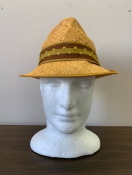 CHRISTYS, Tan Brown, Straw, Solid, Brown & Moss Green Stripped & Polka Dotted Hat Hand, Tiny Colorful Feather Side Detail