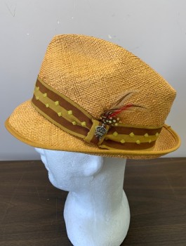 Mens, Fedora, CHRISTYS, Tan Brown, Straw, Solid, M, Brown & Moss Green Stripped & Polka Dotted Hat Hand, Tiny Colorful Feather Side Detail