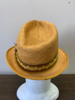 CHRISTYS, Tan Brown, Straw, Solid, Brown & Moss Green Stripped & Polka Dotted Hat Hand, Tiny Colorful Feather Side Detail