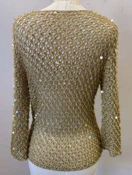 N/L, Gold, Sequins, Cotton, Solid, V NeckCrochet, Sequin Pailletes and Golden Beads Sewed In, 7 Buttons