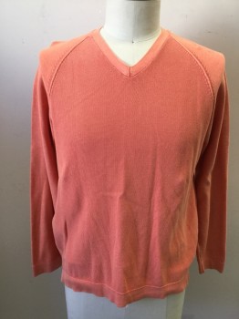 Mens, Pullover Sweater, TASSO ELBA, Coral Orange, Cotton, Faded, L, Pullover, V-neck, Textured Front, Long Sleeves,