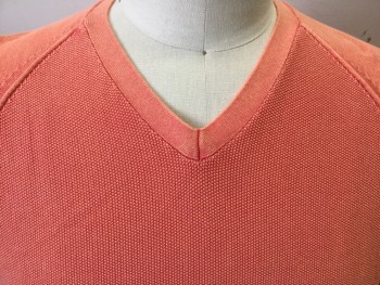 TASSO ELBA, Coral Orange, Cotton, Faded, Pullover, V-neck, Textured Front, Long Sleeves,