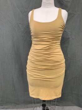 SUSANA MONACO, Ochre Brown-Yellow, Nylon, Spandex, Solid, Scoop Neck, Sleeveless, Gathered at Both Side Seams Front and Back, Knee Length
