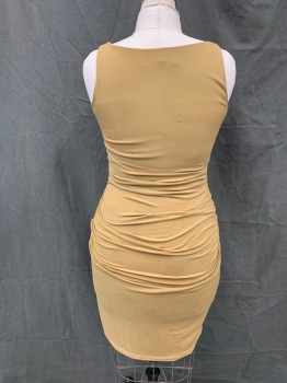 SUSANA MONACO, Ochre Brown-Yellow, Nylon, Spandex, Solid, Scoop Neck, Sleeveless, Gathered at Both Side Seams Front and Back, Knee Length