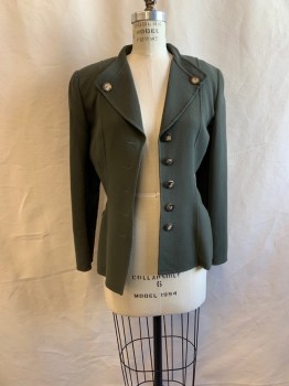 Womens, 1990s Vintage, Suit, Jacket, OSCAR DE LA RENTA, Dk Olive Grn, Wool, Solid, B34, 4 Buttons Cuff, 5 Buttons Down Front, 2 Buttons on Lapel, 2 Pockets