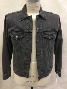 Mens, Jean Jacket, LEVI, Faded Black, Cotton, Solid, S, Traditional Jean Jacket Style