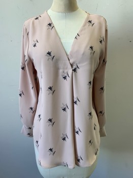 Womens, Blouse, ANN TAYLOR, Blush Pink, Black, Polyester, Spandex, Floral, XS, Tulip Pattern, V-neck, Pullover, Long Sleeves *Pen Stain on Bust