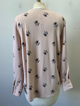 Womens, Blouse, ANN TAYLOR, Blush Pink, Black, Polyester, Spandex, Floral, XS, Tulip Pattern, V-neck, Pullover, Long Sleeves *Pen Stain on Bust