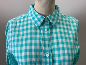 J CREW, Off White, Mint Green, Cotton, Gingham, Button Front, Long Sleeves, Collar Attached,