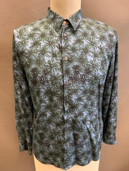 Mens, Casual Shirt, PAUL SMITH, Cornflower Blue, Forest Green, Viscose, Abstract , Floral, L, Illustrated Daisies, L/S, Button Front, Collar Attached, No Pocket