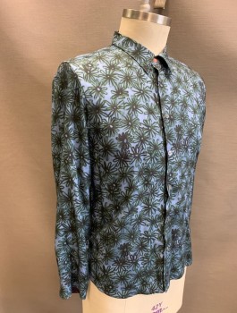 Mens, Casual Shirt, PAUL SMITH, Cornflower Blue, Forest Green, Viscose, Abstract , Floral, L, Illustrated Daisies, L/S, Button Front, Collar Attached, No Pocket