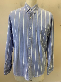 Mens, Casual Shirt, J CREW, Blue, White, Cotton, Stripes - Vertical , L, L/S, Button Front, C.A., Single Chest Pocket