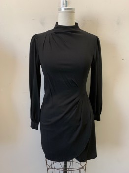 Womens, Dress, Long & 3/4 Sleeve, ZARA, Black, Polyester, Solid, L, Mock Neck, 3 Buttons at Back, L/S, Side Zipper, Pleated on Right Side Near Shoulder and By Left Side Waist *missing 1 Button at Back*