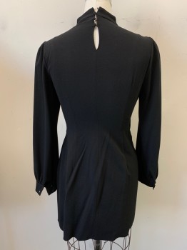 Womens, Dress, Long & 3/4 Sleeve, ZARA, Black, Polyester, Solid, L, Mock Neck, 3 Buttons at Back, L/S, Side Zipper, Pleated on Right Side Near Shoulder and By Left Side Waist *missing 1 Button at Back*