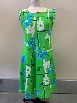 W. Clarke's, Lime Green, Turquoise Blue, White, Green, Polyester, Floral, Sleeveless, Scoop Neck, Ruffles Shoulders, Back Zipper,