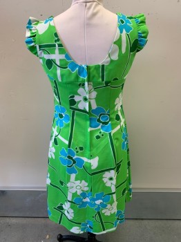 W. Clarke's, Lime Green, Turquoise Blue, White, Green, Polyester, Floral, Sleeveless, Scoop Neck, Ruffles Shoulders, Back Zipper,