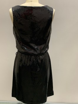 Womens, Cocktail Dress, WHITE BLACK, Black, Sequins, Polyester, Solid, 6, V Neck with Solid Tank Insert Underneath, Elastic Waist Braided Tie Belt with Tassels