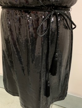 Womens, Cocktail Dress, WHITE BLACK, Black, Sequins, Polyester, Solid, 6, V Neck with Solid Tank Insert Underneath, Elastic Waist Braided Tie Belt with Tassels