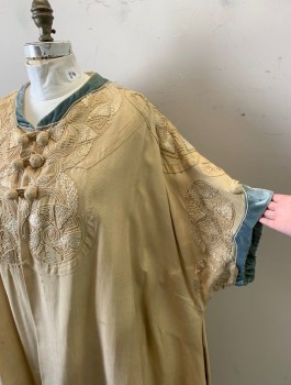 Womens, Coat 1890s-1910s, N/L, Ecru, Sea Foam Green, Silk, Solid, Geometric, B:46, Raw Silk, Short Drapey Sleeves with Seafoam Crushed Velvet Trim, Self Cording Trim in Spiral and Triangle Patterns, 3 Sets of Knotted Buttons with Loop Closures at Front, Open Front, Floor Length,  **Stained