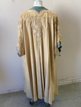 Womens, Coat 1890s-1910s, N/L, Ecru, Sea Foam Green, Silk, Solid, Geometric, B:46, Raw Silk, Short Drapey Sleeves with Seafoam Crushed Velvet Trim, Self Cording Trim in Spiral and Triangle Patterns, 3 Sets of Knotted Buttons with Loop Closures at Front, Open Front, Floor Length,  **Stained