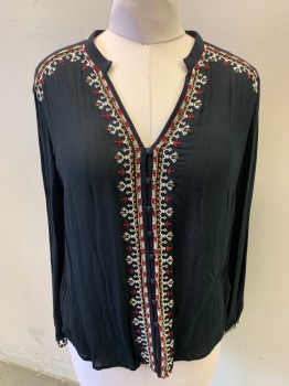 VELVET, Black, Viscose, Polyester, Solid, L/S, V Neckline, Button Up, Gauze Blouse, Red, Orange, White Embroidery Stitching with Golden Beads