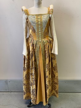 Womens, Historical Fiction Dress, Windlass, Cream, Gold, Brown, Cotton, Floral, S, L/S, Round Shoulders, Velvet Texture, Silver Lace Detail , Gold/green Bands with Gems, Pleated, Corset Back