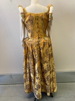 Womens, Historical Fiction Dress, Windlass, Cream, Gold, Brown, Cotton, Floral, S, L/S, Round Shoulders, Velvet Texture, Silver Lace Detail , Gold/green Bands with Gems, Pleated, Corset Back
