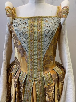 Windlass, Cream, Gold, Brown, Cotton, Floral, L/S, Round Shoulders, Velvet Texture, Silver Lace Detail , Gold/green Bands with Gems, Pleated, Corset Back