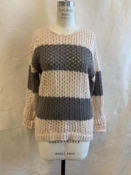Womens, Pullover Sweater, GLIMMER, Lt Beige, Gray, Acrylic, Stripes, M, Round Neck, Long Sleeves
