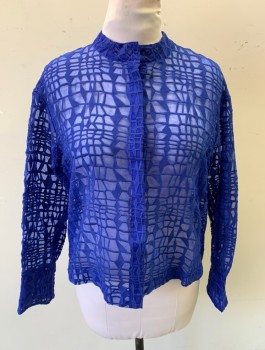COMME, Royal Blue, Polyester, Geometric, Self Patterned Sheer Organza with Opaque Shapes/Abstract Lines, Long Sleeves, Button Front, Round Neck/Band Collar
