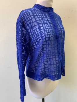 Womens, Blouse, COMME, Royal Blue, Polyester, Geometric, M, Self Patterned Sheer Organza with Opaque Shapes/Abstract Lines, Long Sleeves, Button Front, Round Neck/Band Collar