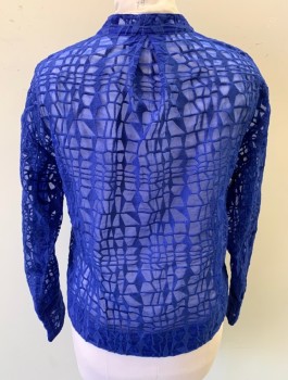 COMME, Royal Blue, Polyester, Geometric, Self Patterned Sheer Organza with Opaque Shapes/Abstract Lines, Long Sleeves, Button Front, Round Neck/Band Collar