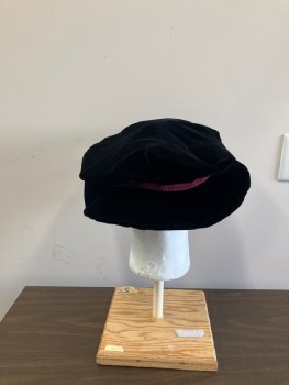 Mens, Historical Fiction Hat , MTO, Black, Polyester, Solid, 7.5, Velvet Tam with Wide Brim And Burgundy Braid Band